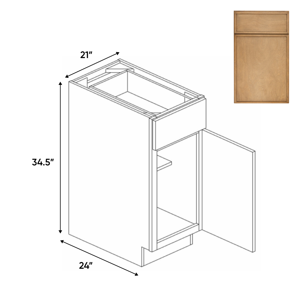 Slim Shaker Karamel - 21 Inch Single Door Base Cabinet - 21" Width x 34.5" Height x 24" Depth