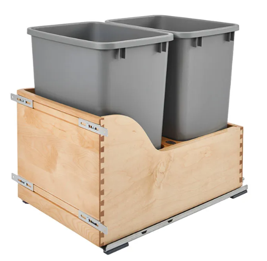 Rev-A-Shelf Double 35 Qt. Double Trash Pull Out - Maple Bottom Mount Pull-Out Waste Container w/Soft-Close