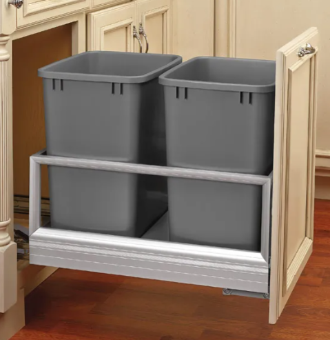 Rev-A-Shelf Double 35 Qt. Trash Pull Out - Aluminum Bottom Mount Pull-Out Waste Container w/Rev-A-Motion - Silver