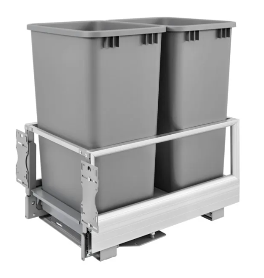 Rev-A-Shelf Double 35 Qt. Trash Pull Out - Aluminum Bottom Mount Pull-Out Waste Container w/Rev-A-Motion - Silver