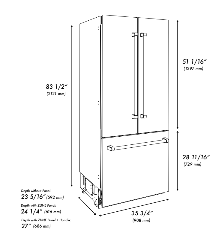 ZLINE 36 in. 19.6 cu. ft. French Door Built-In Bottom Freezer Refrigerator with Water Dispenser and Ice Maker in Satin Stainless Steel (RBIV-SN-36)