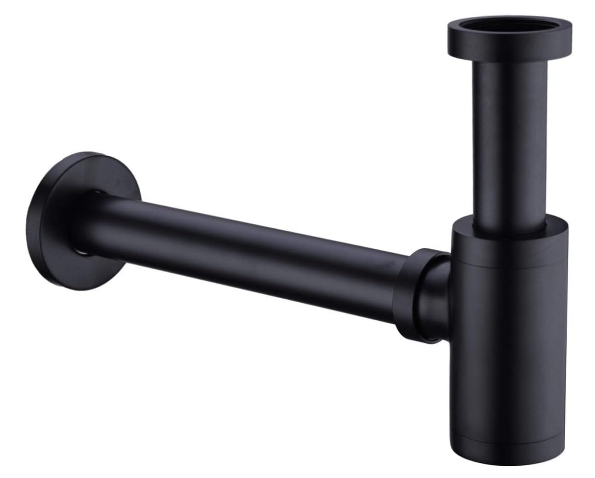 TRUSTMI Bottle P Trap Brass Round 1 1/4 Inch Decorative P-Trap, Adjustable Bathroom Basin Sink Waste Drain Kit, Wall Drainage, Matte Black