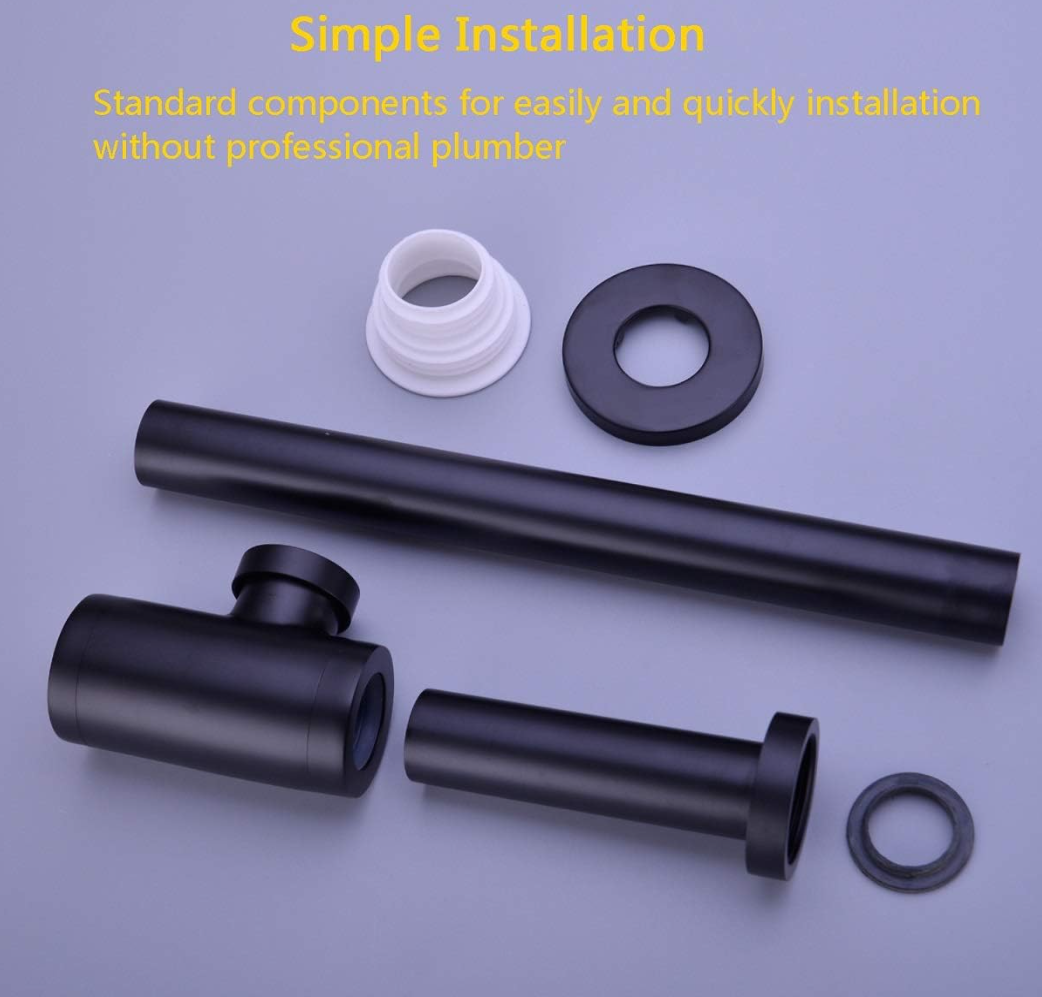 TRUSTMI Bottle P Trap Brass Round 1 1/4 Inch Decorative P-Trap, Adjustable Bathroom Basin Sink Waste Drain Kit, Wall Drainage, Matte Black