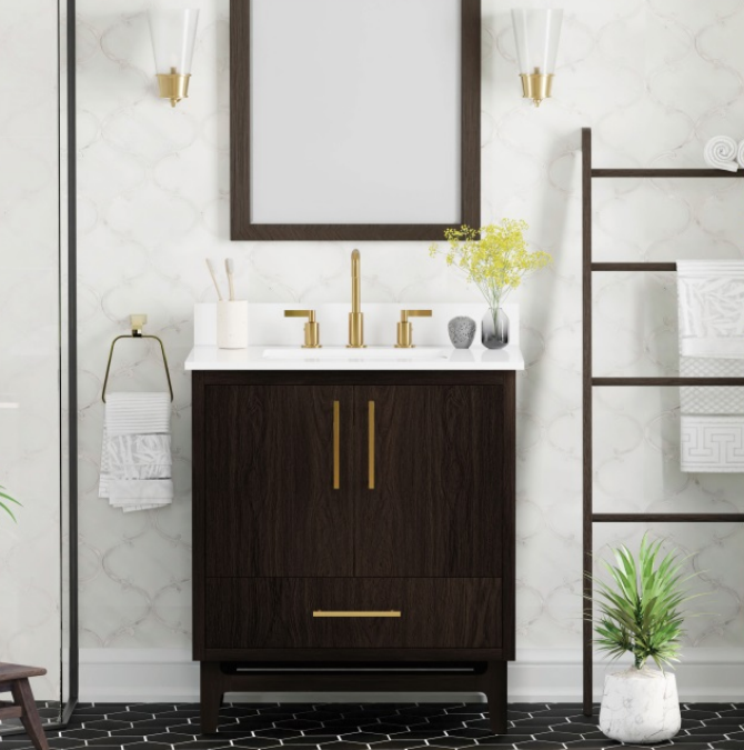 Warner Freestanding Solid Wood Bathroom Vanity Combo with Columbia White Marble Sink Top with 4 In. Backsplash, Soft Closing Doors and Drawers - Natural Walnut Finish