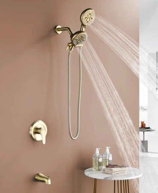 Wellfor Brushed Gold 5 Spray Modes Rain Shower Head and Bathtub Faucet Set - 88048BG