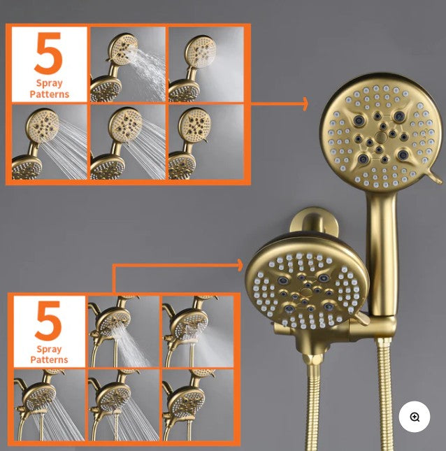 Wellfor Brushed Gold 5 Spray Modes Rain Shower Head and Bathtub Faucet Set - 88048BG