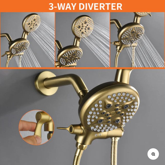 Wellfor Brushed Gold 5 Spray Modes Rain Shower Head and Bathtub Faucet Set - 88048BG