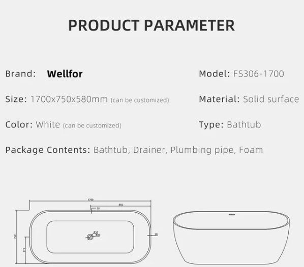 Wellfor - 67" Stone Resin Solid Surface Matte Freestanding Bathtub White - FS306-1700