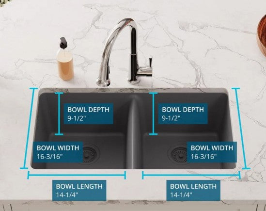 Elkay Quartz Classic 33" Undermount Double Basin Quartz Composite Kitchen Sink in Greystone - ELGU3322GS0
