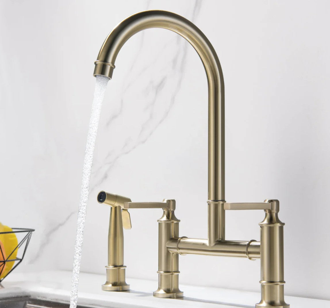Wellfor Deck Mount Two Handle Kitchen Bridge Faucet with Side Spray 304 Stainless Steel In Brushed Gold - WF-RB1158