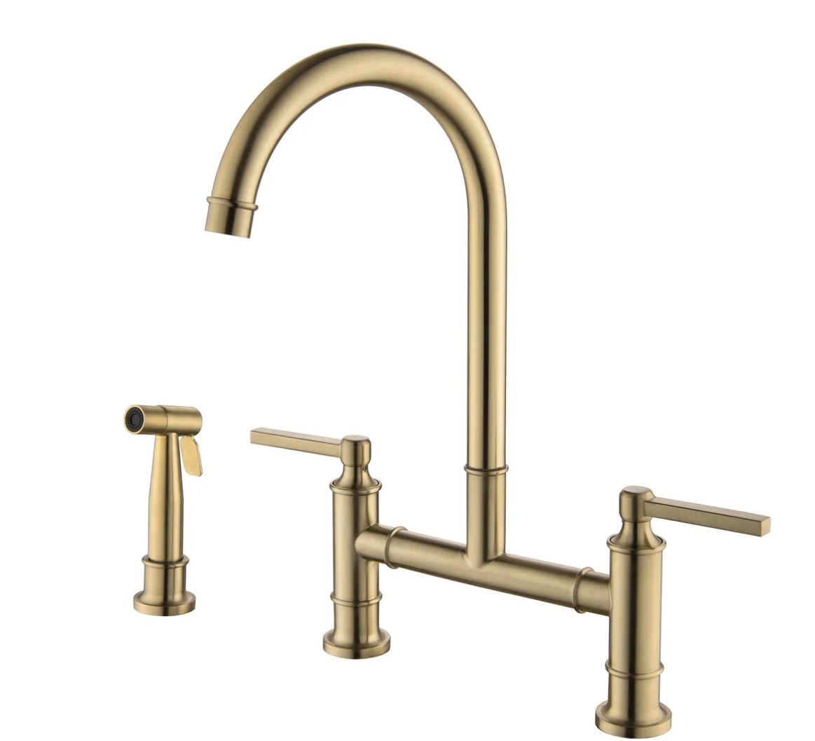 Wellfor Deck Mount Two Handle Kitchen Bridge Faucet with Side Spray 304 Stainless Steel In Brushed Gold - WF-RB1158