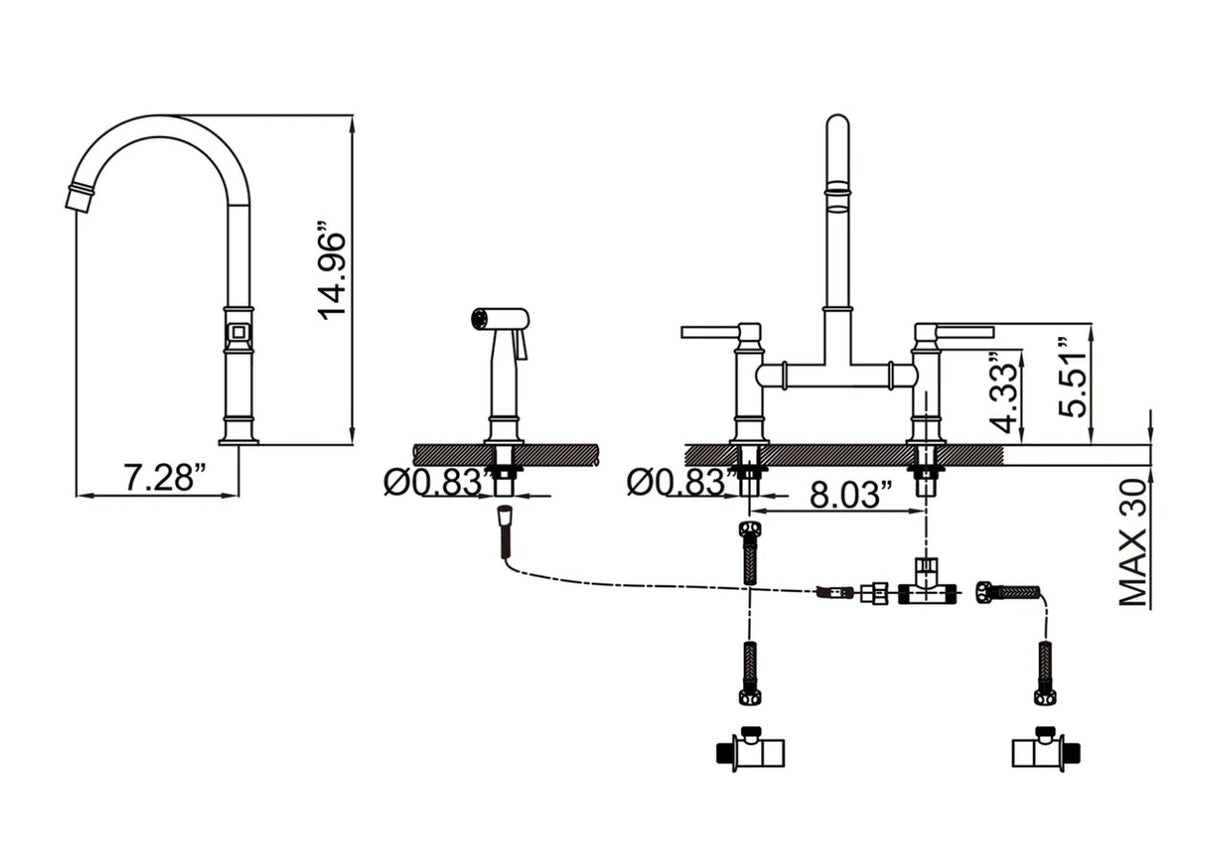 Wellfor Deck Mount Two Handle Kitchen Bridge Faucet with Side Spray 304 Stainless Steel In Brushed Gold - WF-RB1158