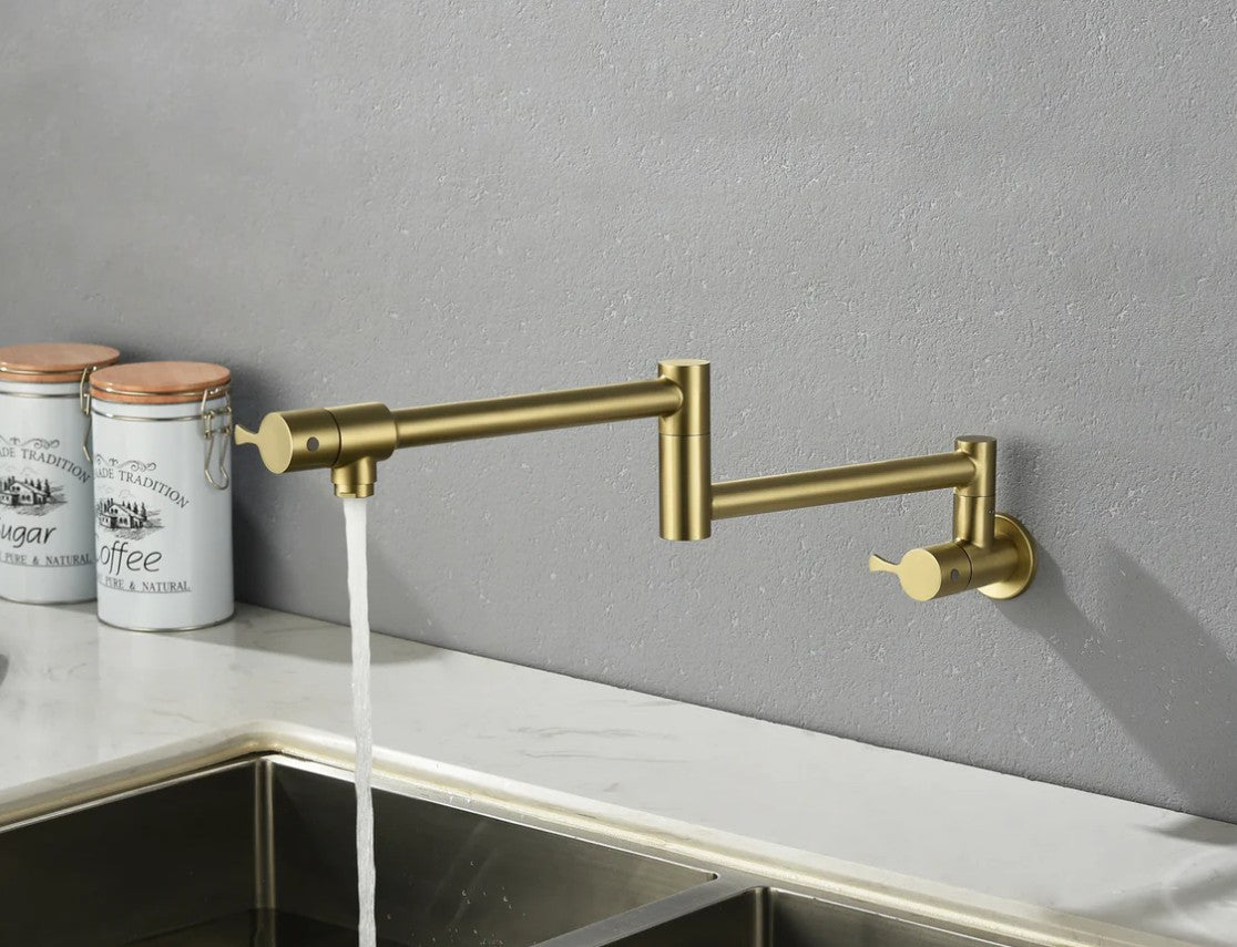 Wellfor Wall Mount Pot Filler Kitchen Faucet with Lever Handles in Brushed Gold - NK0609