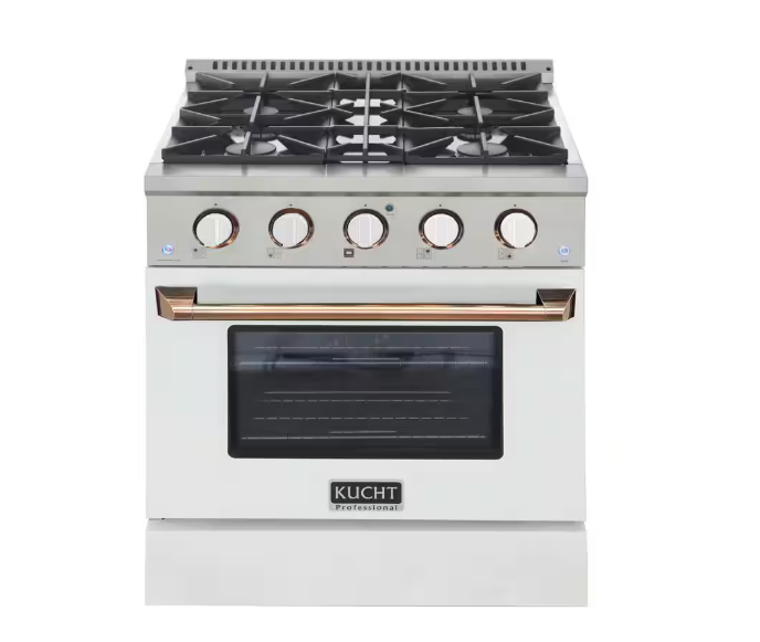 KUCHT Professional 30 in. 4.2 cu. ft. Dual Fuel Range for Natural Gas with Sealed Burners and Convection Oven in Stainless Steel with Gold Handle, Rings and Knobs.