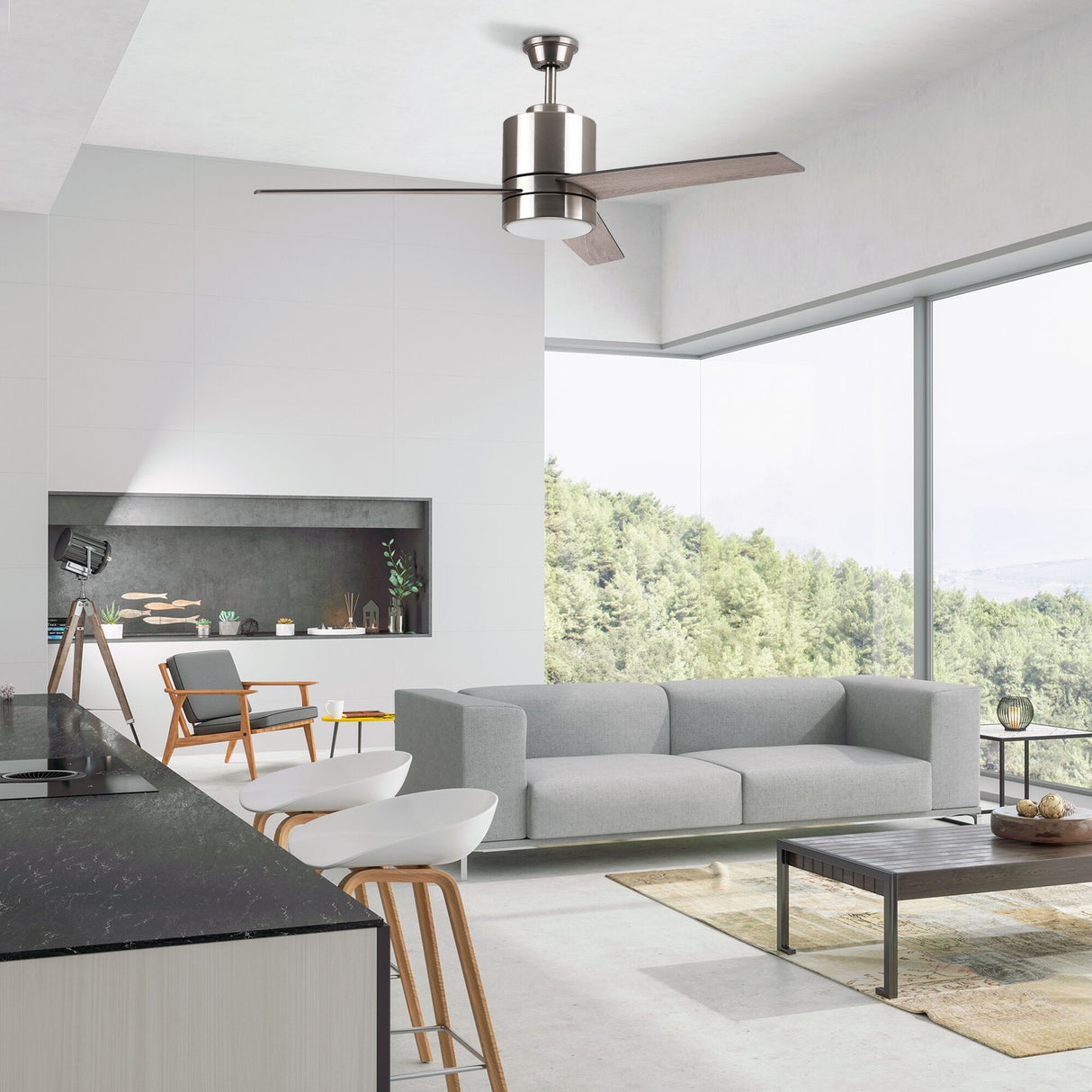 Raiden 52" In. Silver/Black & Light Wood 3 Blade Smart Ceiling Fan with LED Light Kit Works with Led Light Kit & Smart Wall Switch