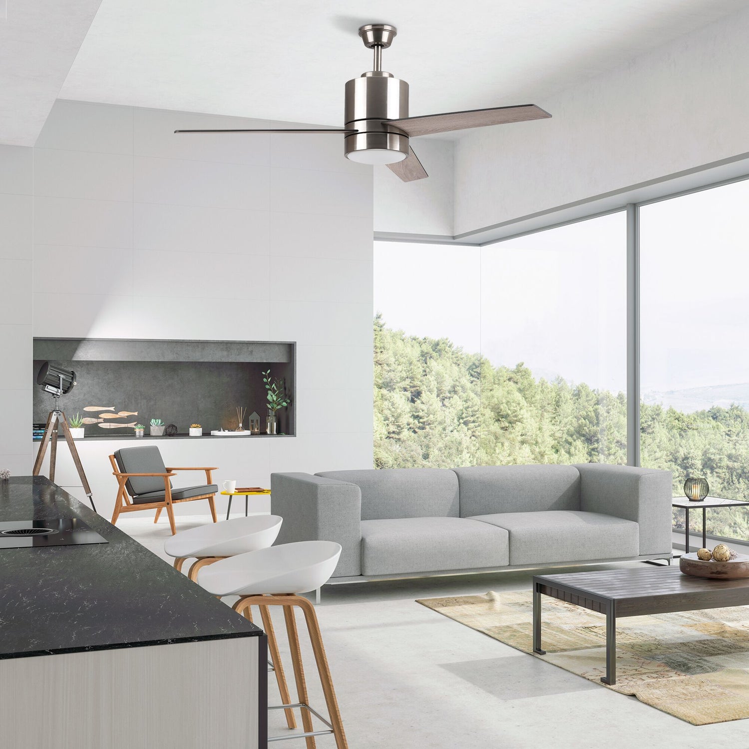 Raiden 52" In. Silver/Black & Light Wood 3 Blade Smart Ceiling Fan with LED Light Kit Works with Led Light Kit & Smart Wall Switch