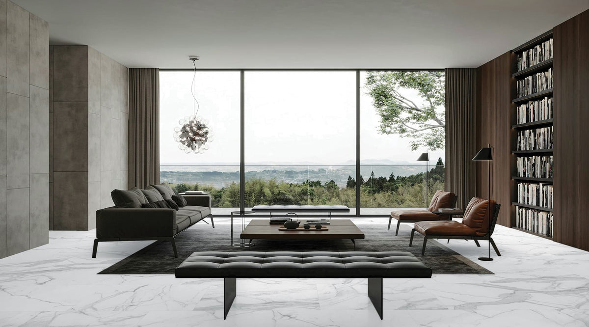 48 x 48 in Majesto Statuario Polished Rectified Colorsync Porcelain Tile installed