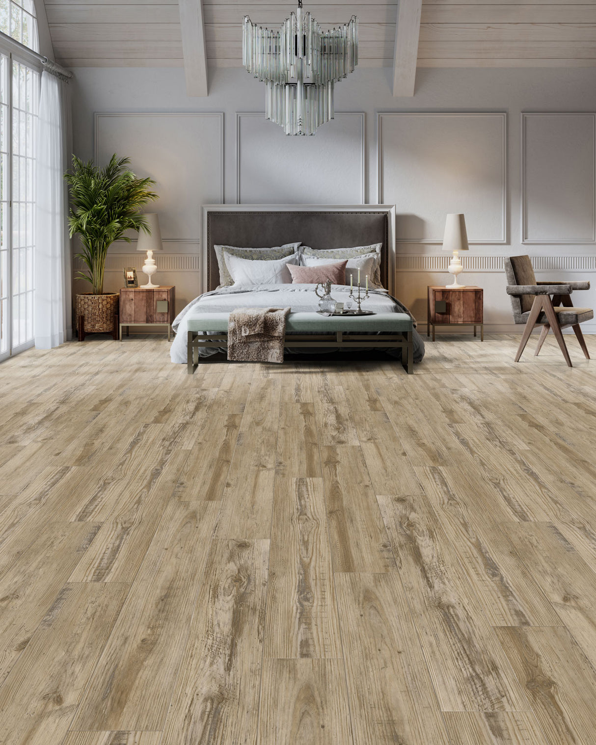 Solid Polymer Core Luxury Vinyl Flooring, Click Lock Floating, Low Country Oak, 7" X 48" X 5mm, 22 mil Wear Layer - Traditions Collection (23.64 SQFT/CTN)