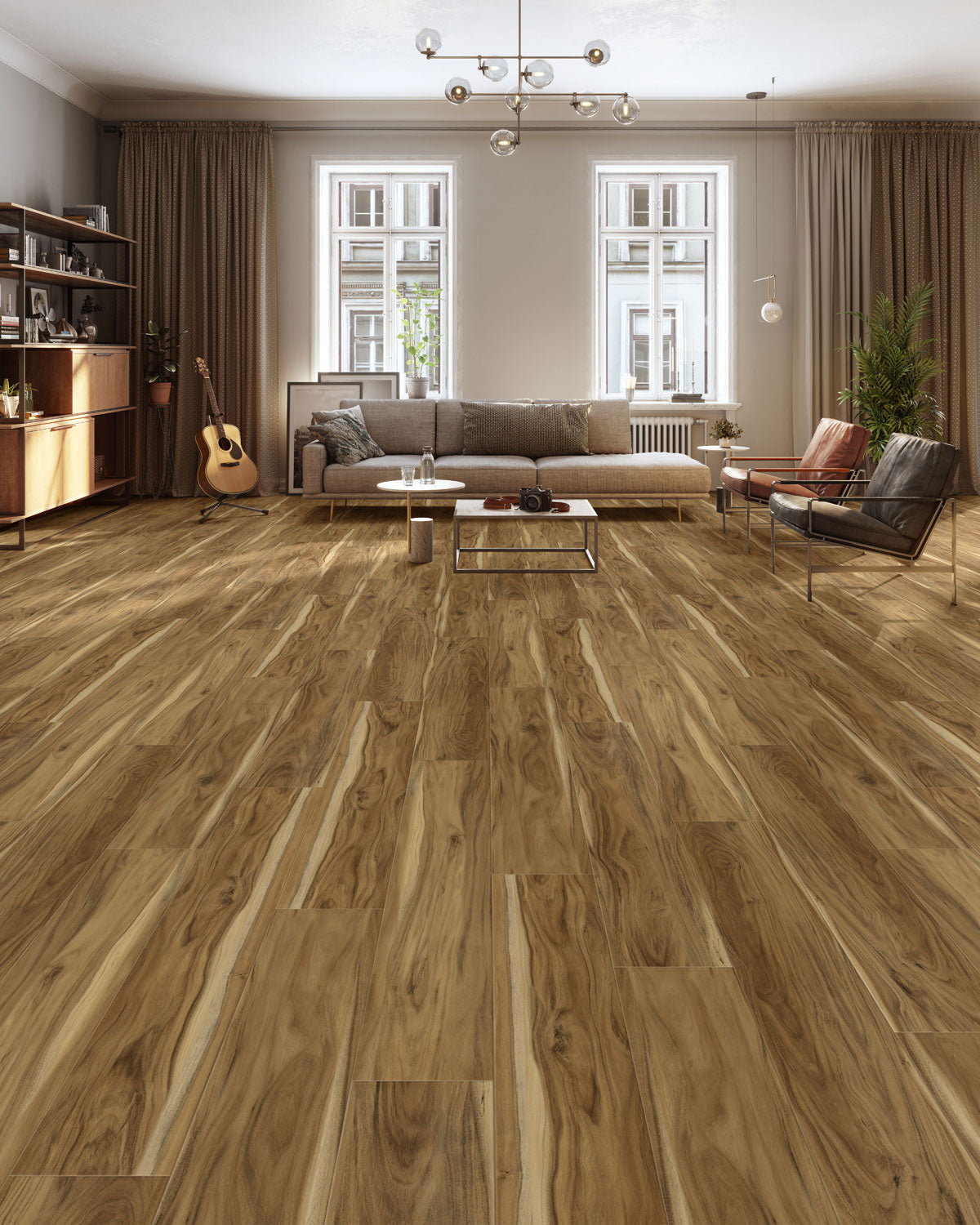 Solid Polymer Core Luxury Vinyl Flooring, Click Lock Floating, Small Leaf Acacia , 7" X 48" X 5mm, 22 mil Wear Layer - Traditions Collection (23.64 SQFT/CTN)
