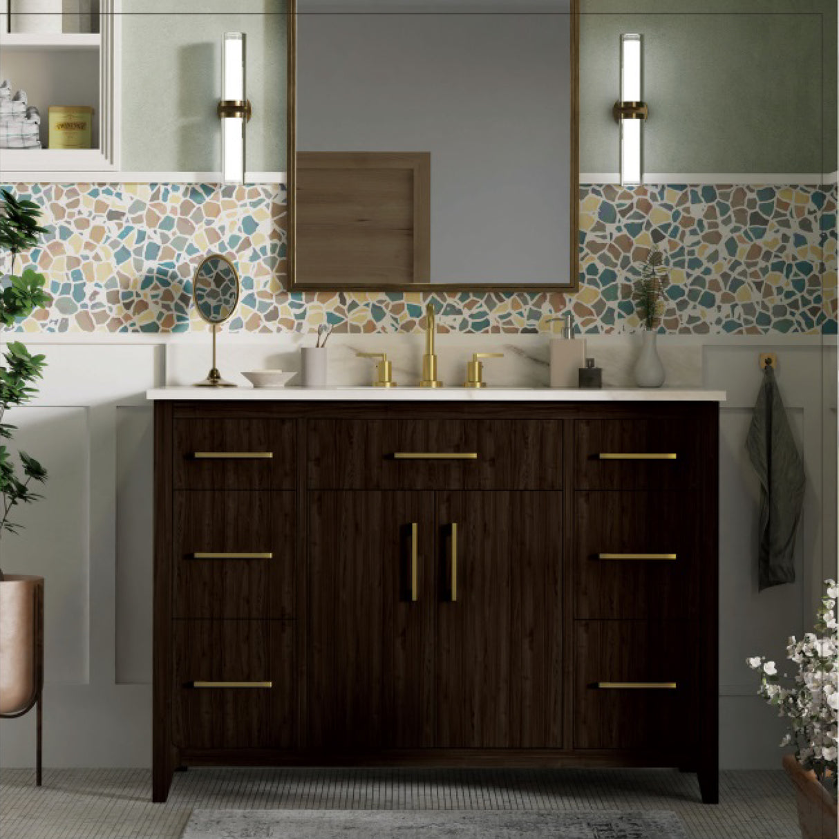 Warner Freestanding Solid Wood Bathroom Vanity Combo with Columbia White Marble Sink Top with 4 In. Backsplash, Soft Closing Doors and Drawers - Natural Walnut Finish