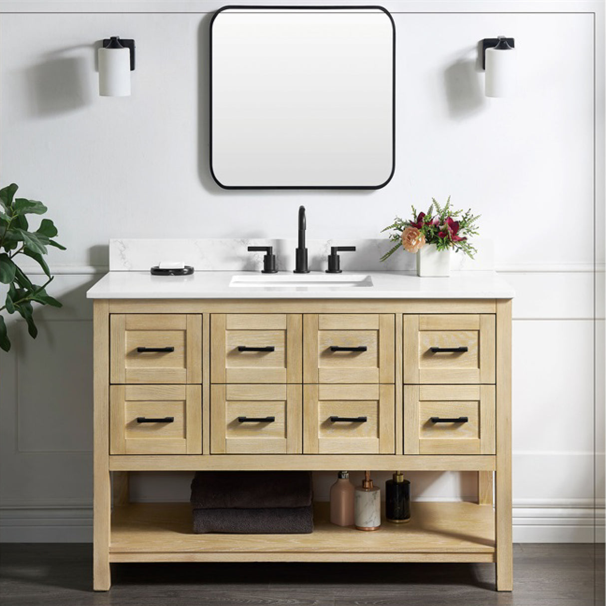 Lamoure 49 In. Natural Oak Freestanding Solid Wood Bathroom Vanity Cabinet Without Top, Soft Closing Doors and Drawers & Open Shelf Storage