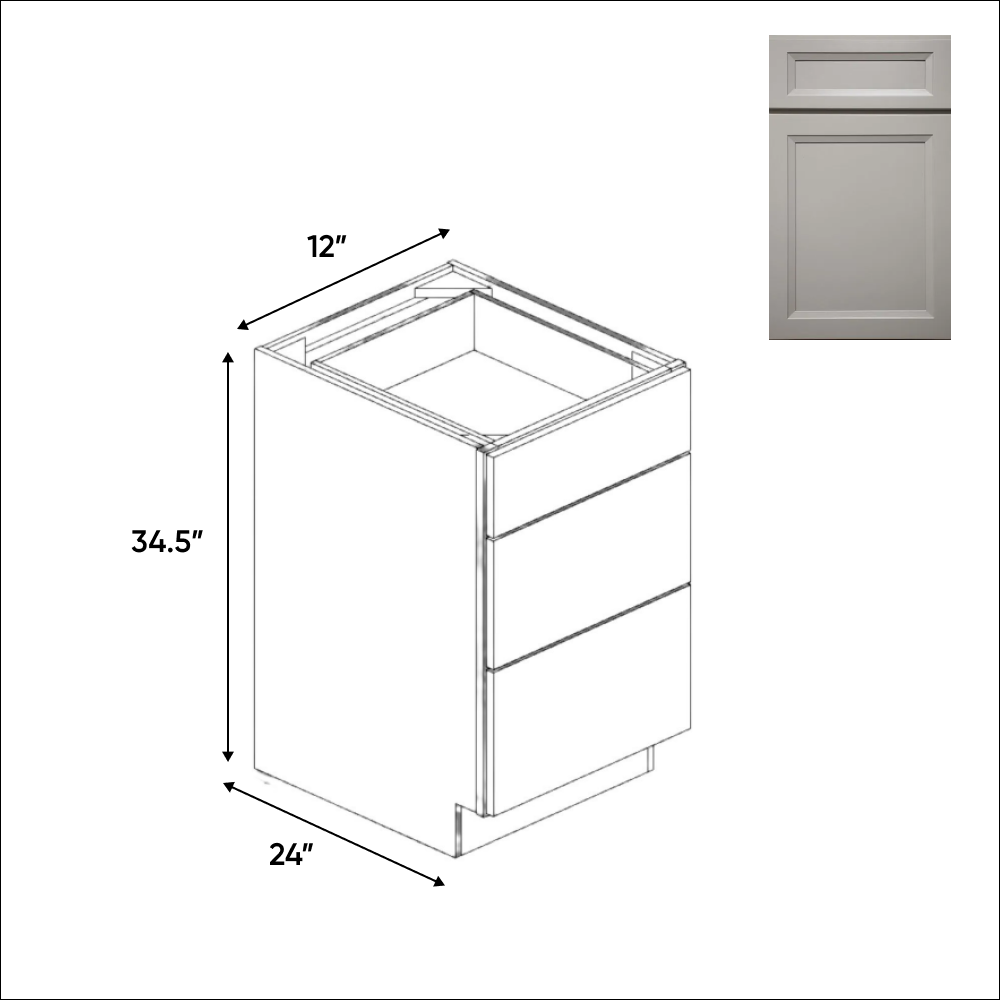 Windsor Ashen - 12 Inch Three Drawer Base Cabinet - 12" Width x 34.5" Height x 24" Depth