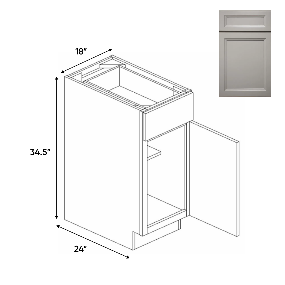 Windsor Ashen - 18 Inch Full Height Single Door Base Cabinet - 18" Width x 34.5" Height x 24" Depth