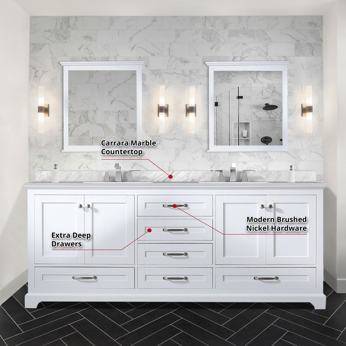 Dukes 80 in. Bathroom Freestanding Bathroom Vanity With Undermount Ceramic Sink with White Carrara Marble Top