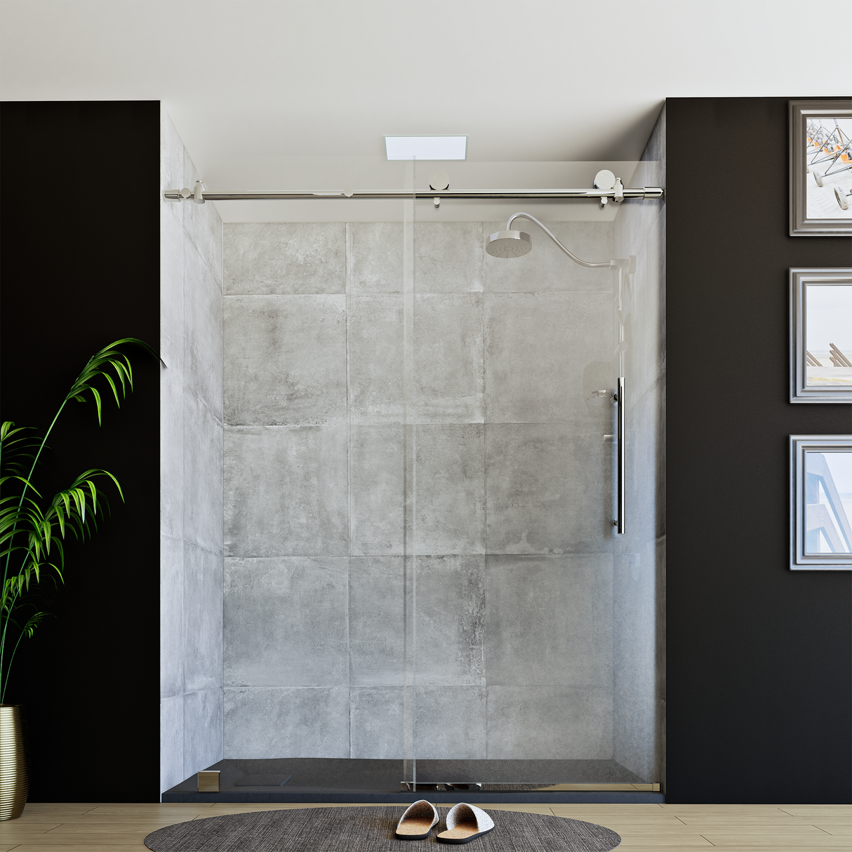60" x 76" Frameless Shower Door with Chrome - Solid Surface Shower Base Tray - Shower Kit with covered drain - and 5pc Shower Wall System