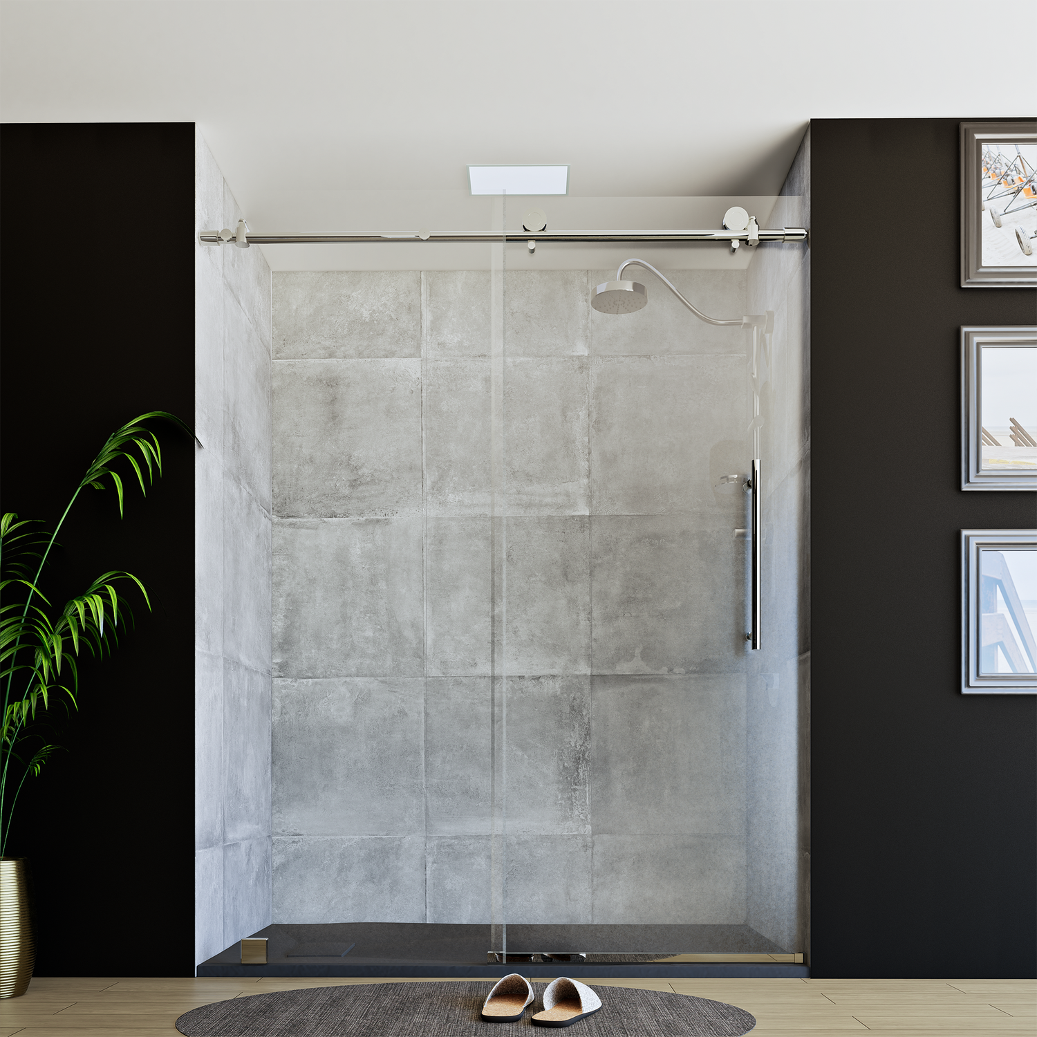 60" x 76" Frameless Shower Door with Chrome - Solid Surface Shower Base Tray - Shower Kit with covered drain - and 5pc Shower Wall System