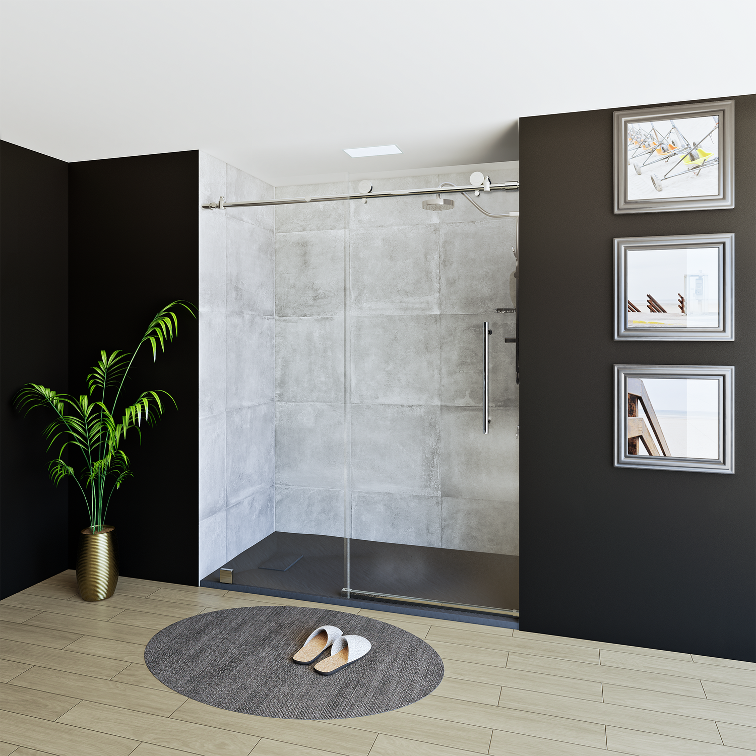 60" x 76" Frameless Shower Door with Chrome - Solid Surface Shower Base Tray - Shower Kit with covered drain - and 5pc Shower Wall System