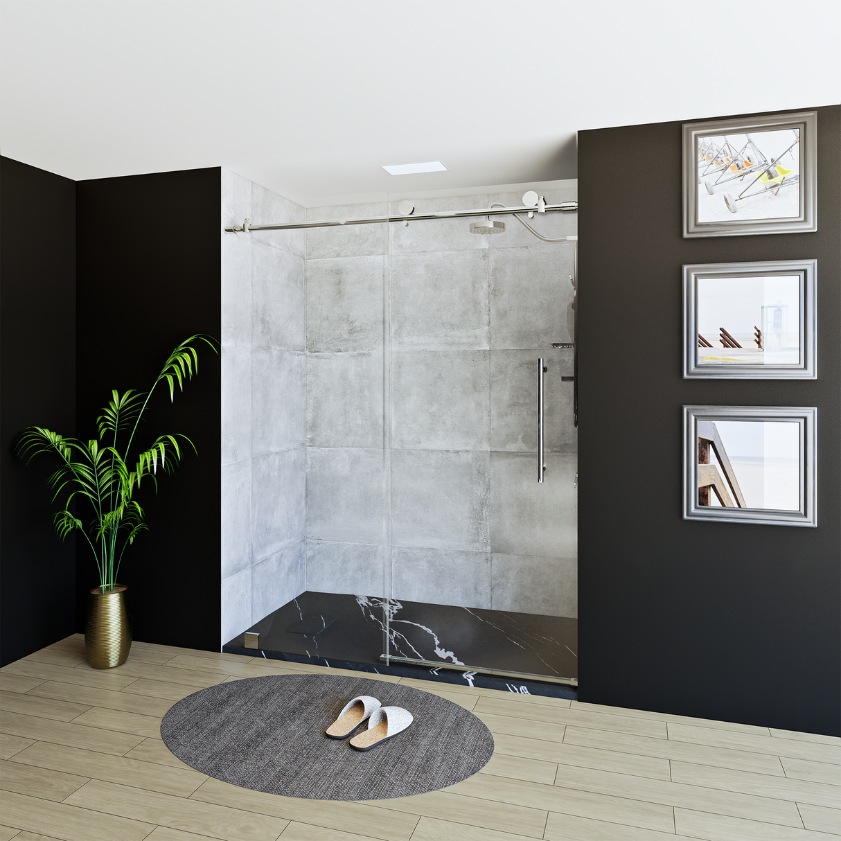 60" x 76" Frameless Shower Door with Chrome - Solid Surface Shower Base Tray - Shower Kit with covered drain - and 5pc Shower Wall System