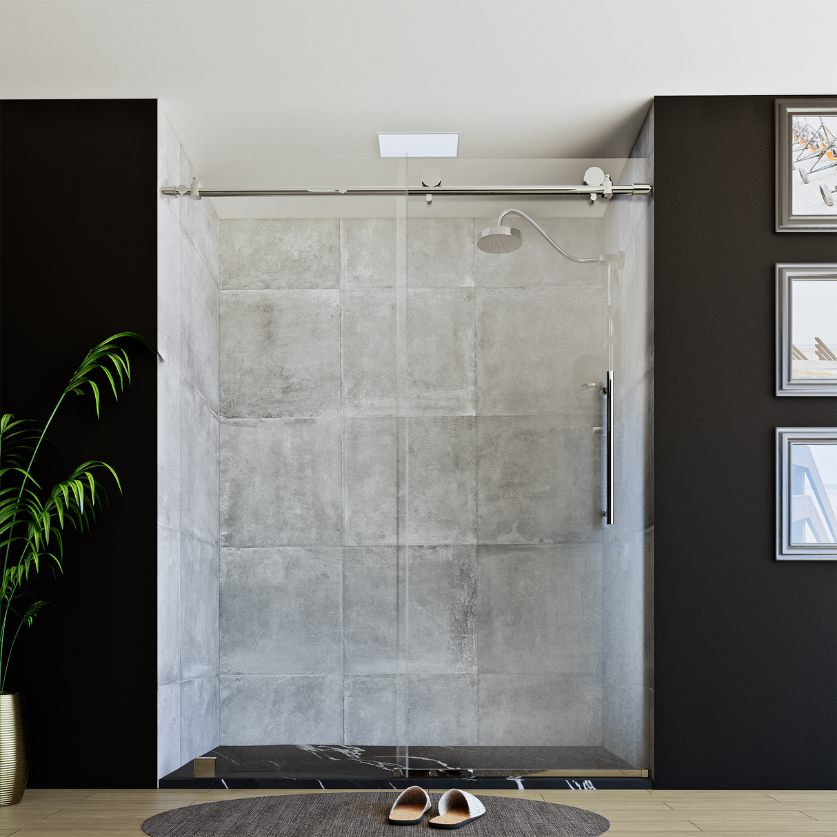 60" x 76" Frameless Shower Door with Chrome - Solid Surface Shower Base Tray - Shower Kit with covered drain - and 5pc Shower Wall System