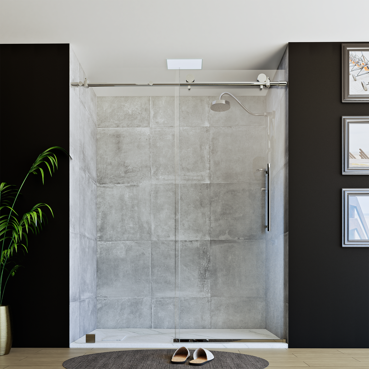 60" x 76" Frameless Shower Door with Chrome - Solid Surface Shower Base Tray - Shower Kit with covered drain - and 5pc Shower Wall System