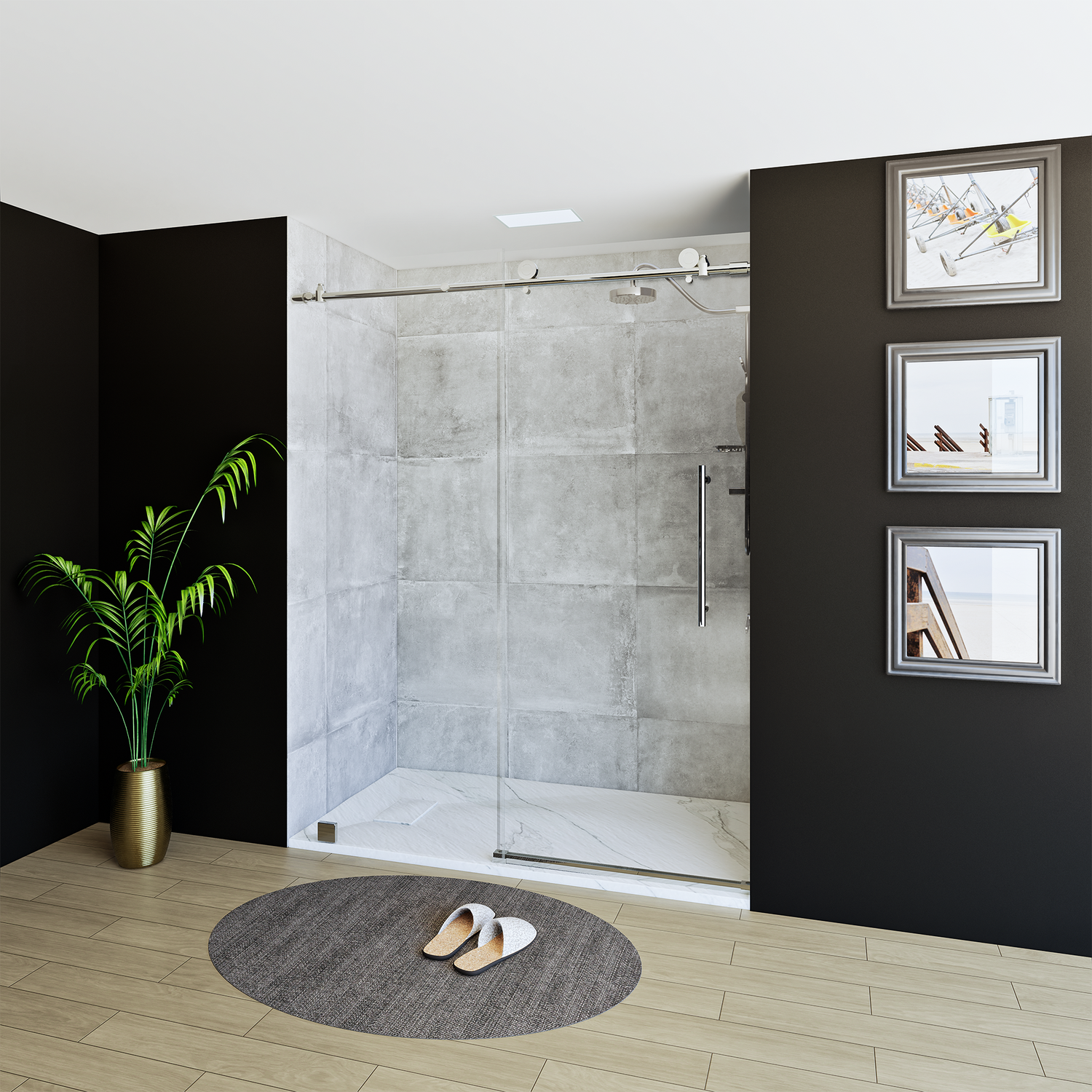 60" x 76" Frameless Shower Door with Chrome - Solid Surface Shower Base Tray - Shower Kit with covered drain - and 5pc Shower Wall System