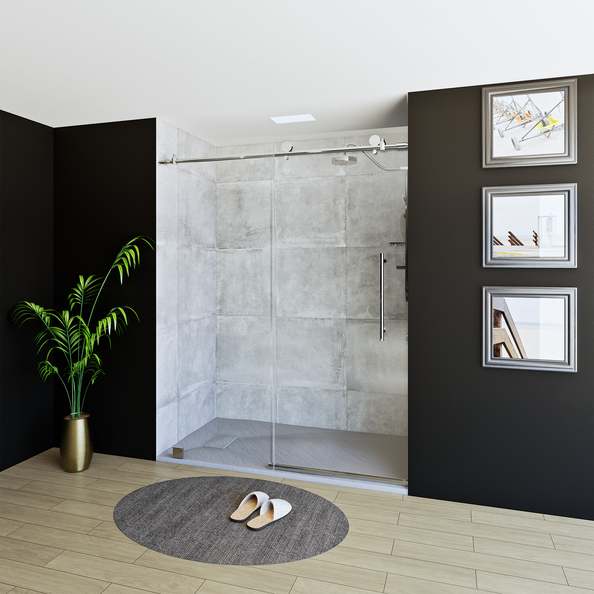 60" x 76" Frameless Shower Door with Chrome - Solid Surface Shower Base Tray - Shower Kit with covered drain - and 5pc Shower Wall System