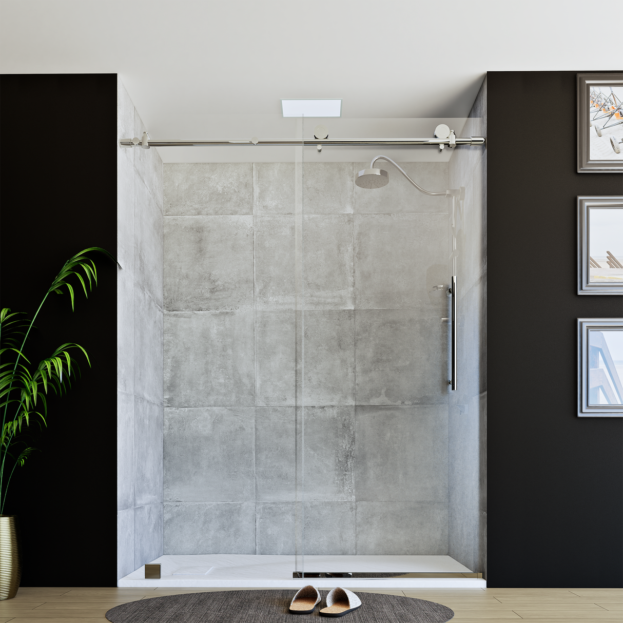 60" x 76" Frameless Shower Door with Chrome - Solid Surface Shower Base Tray - Shower Kit with covered drain - and 5pc Shower Wall System