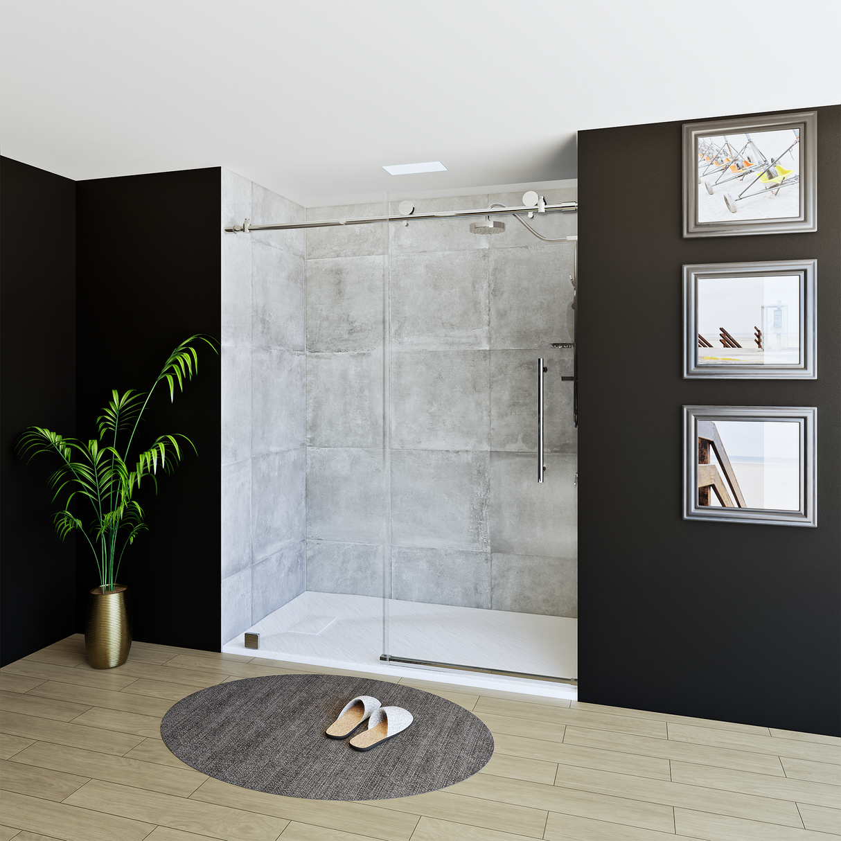 60" x 76" Frameless Shower Door with Chrome - Solid Surface Shower Base Tray - Shower Kit with covered drain - and 5pc Shower Wall System