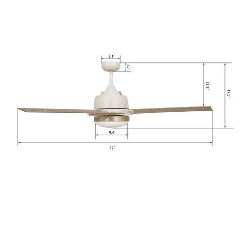 AERYN 52" In. White/Champagne 3 Blade Smart Ceiling Fan with LED Light Kit Works with Wall Switch - BUILDMYPLACE