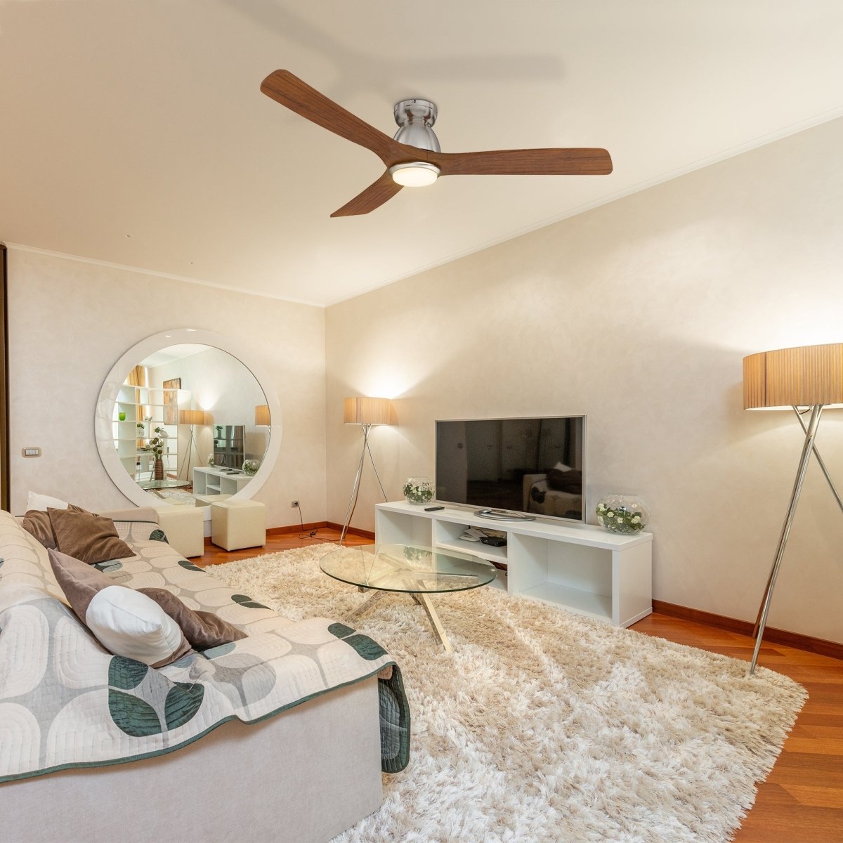 AKRON 52 inch 3 - Blade Flush Mount Smart Ceiling Fan with LED Light & Remote - LEDMyPlace