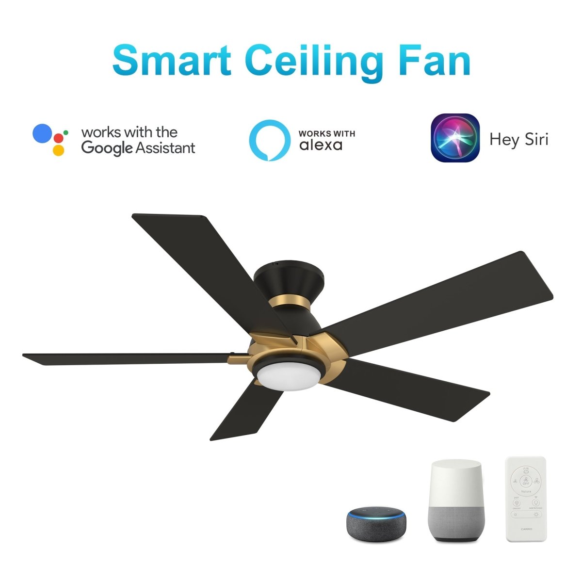ASCENDER 52 inch 5 - Blade Flush Mount Smart Ceiling Fan with Remote & LED Light - LEDMyPlace
