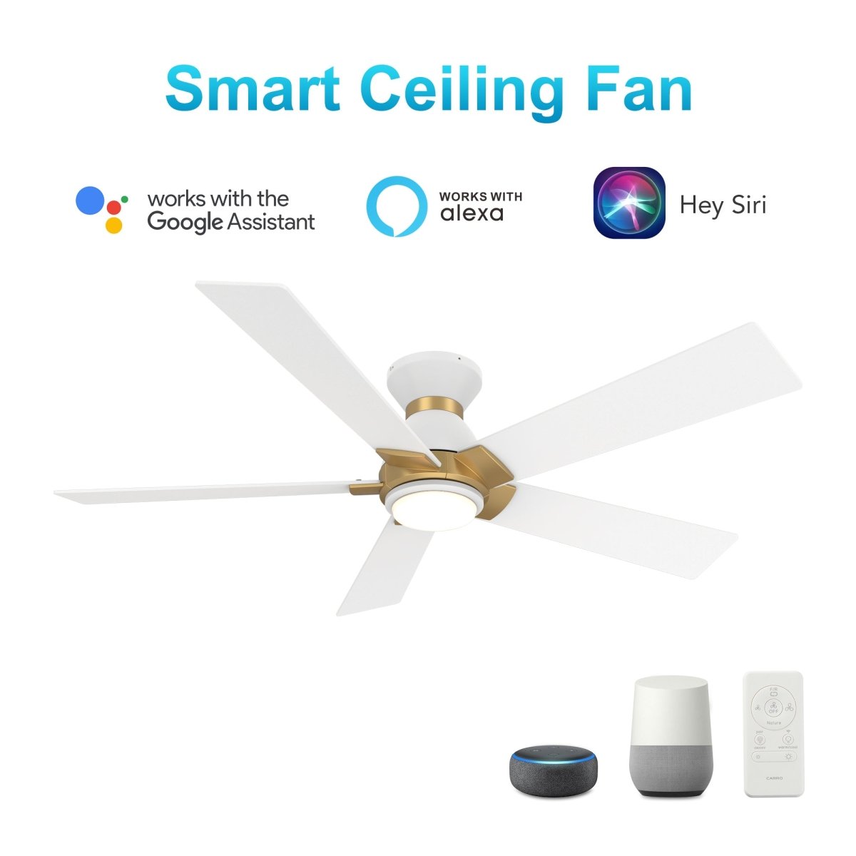 ASCENDER 52 inch 5 - Blade Flush Mount Smart Ceiling Fan with Remote & LED Light - LEDMyPlace