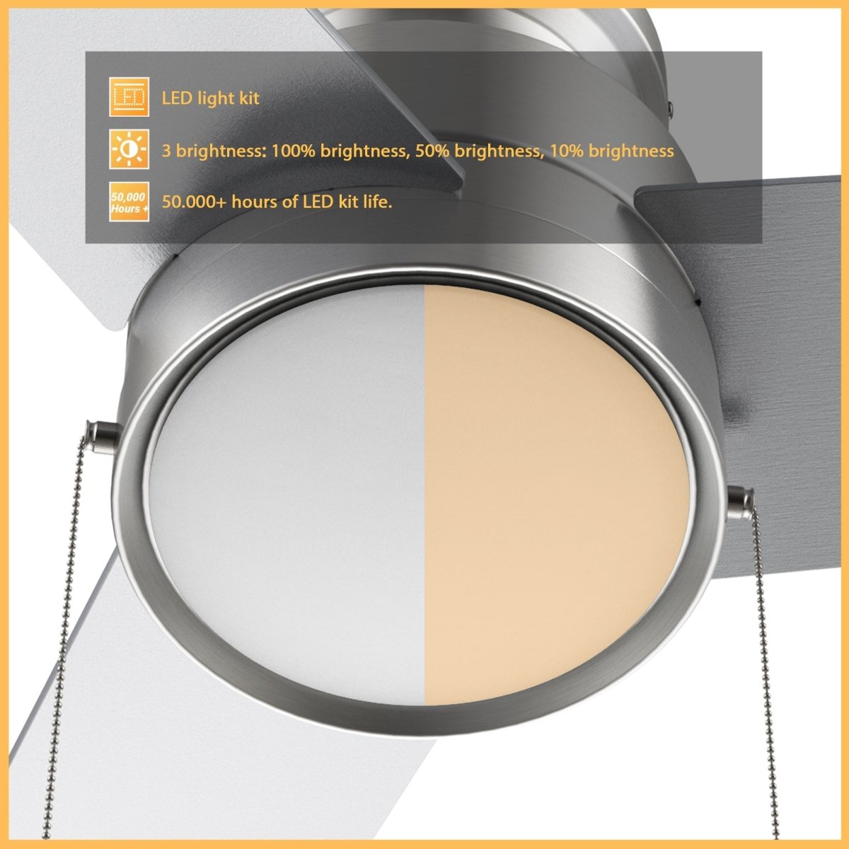 ASCOTT 52 inch 3 - Blade Flush Mount Ceiling Fan with LED Light & Pull Chain - LEDMyPlace