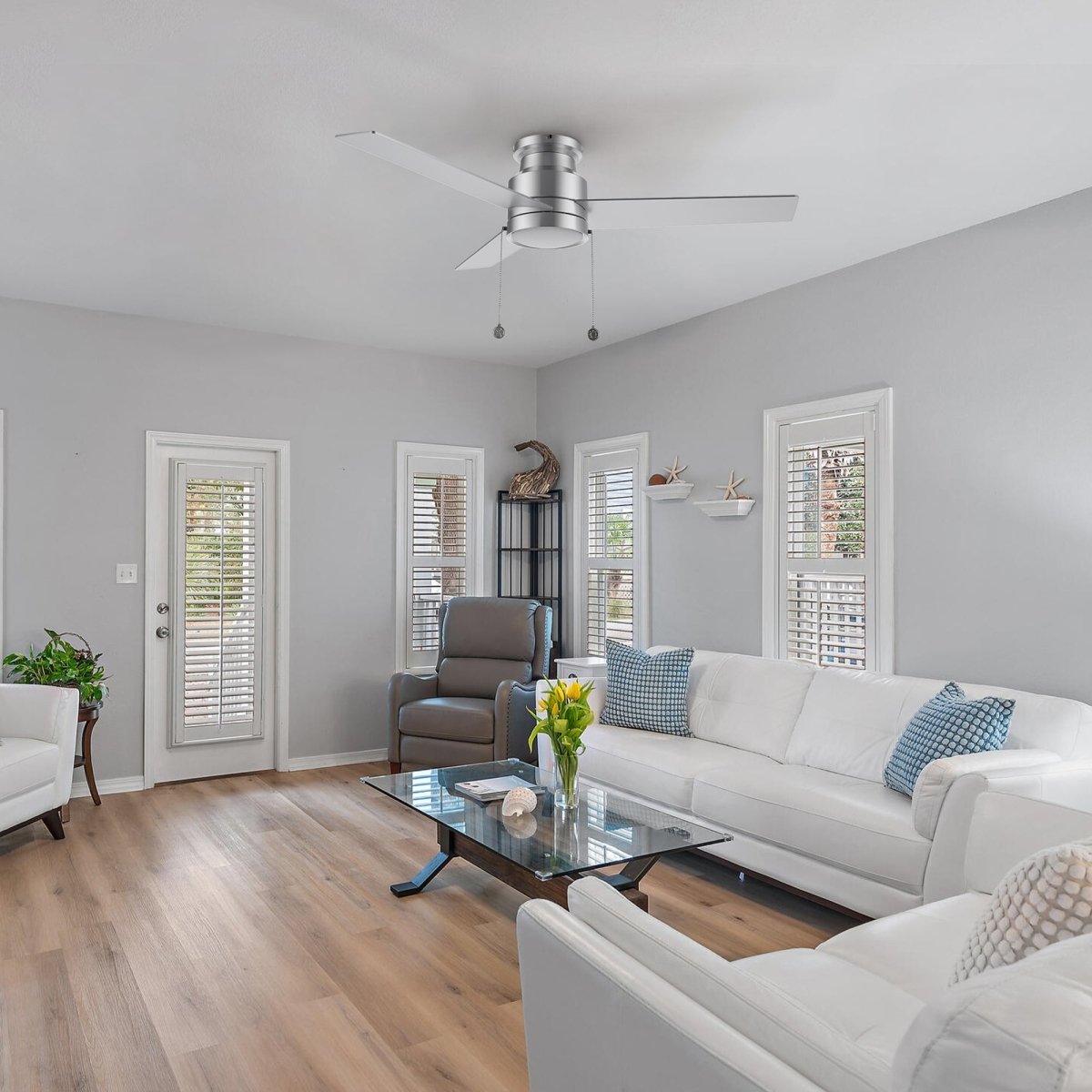 ASCOTT 52 inch 3 - Blade Flush Mount Ceiling Fan with LED Light & Pull Chain - LEDMyPlace