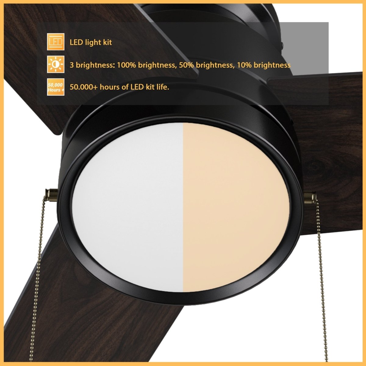 ASCOTT 52 inch 3 - Blade Flush Mount Ceiling Fan with LED Light & Pull Chain - LEDMyPlace