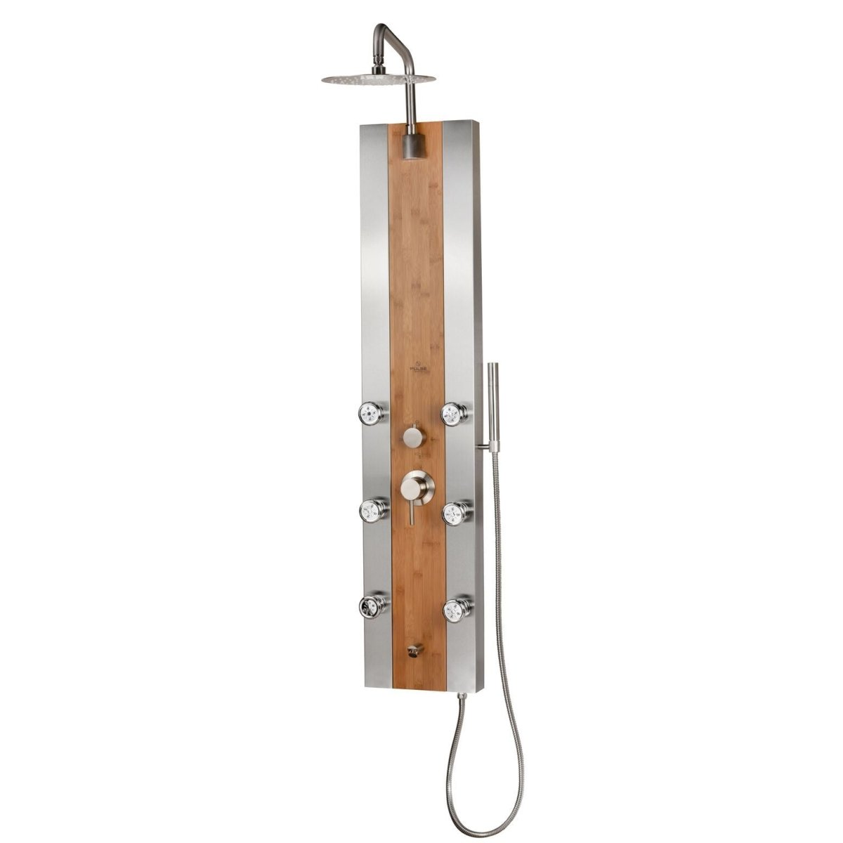 5-in-1 Shower Panel Tower System – Bamboo & Stainless Steel, Rainfall, Waterfall, Body Jets, Handheld & Tub Spout
