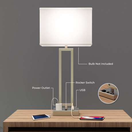 Bedside Table Lamp with USB Port and Outlet, 28 inch, Brushed Nickel Finish, with 1pc Switch,1pcs outlets,1pc USB 1 Type C, For Living Room, Dorm, Bedroom Lamp - BUILDMYPLACE