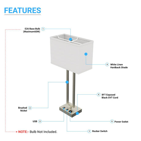 Bedside Table Lamp with USB Port and Outlet, 28 inch, Brushed Nickel Finish, with 1pc Switch,1pcs outlets,1pc USB 1 Type C, For Living Room, Dorm, Bedroom Lamp - BUILDMYPLACE