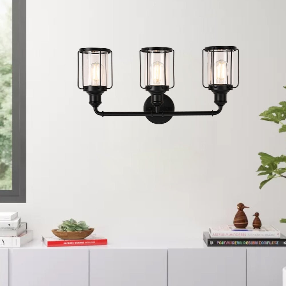Birdcage Shape Bathroom Light Fixtures, Wall Mount, Matte Black with Clear Glass Shade, 1 - Light/2 - Light/3 - Light, E26 Base, For Damp Locations, Vanity Lighting - BUILDMYPLACE