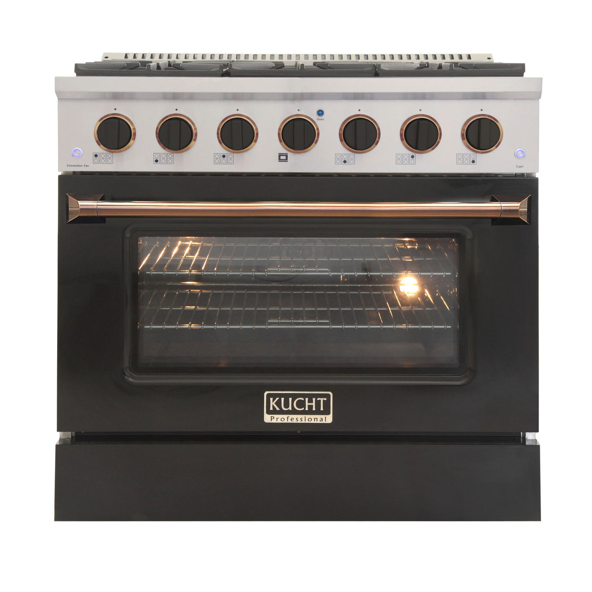 KUCHT Professional 36 in. 5.2 cu. ft. Dual Fuel Range for Propane Gas with Sealed Burners and Convection Oven in Stainless Steel with Black Oven Door Black Knobs and Gold Knob Rings